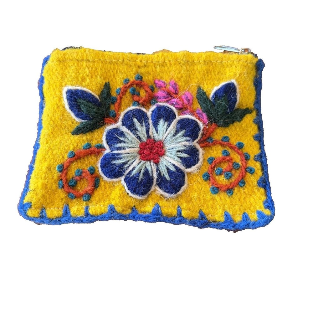 100% Wool Coin Purse‎  4.5X6 Embroidered Flowers Yellow With Zipper Retro Boho